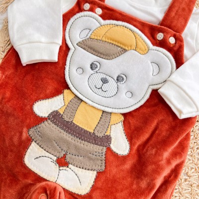 Conj. Body Manga Longa e Jardineira em Plush Ursinho - Ferrugem
